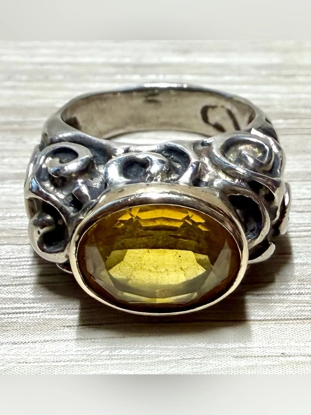 Dian Malouf Sterling Silver & 14K Gold Abstract Swirl Citrine Ring, Size 8